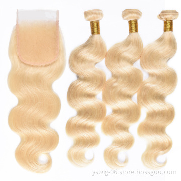Wholesale Unprocessed Remy Virgin Original 613# Blonde Brazilian Body Wave Human Hair with Closure